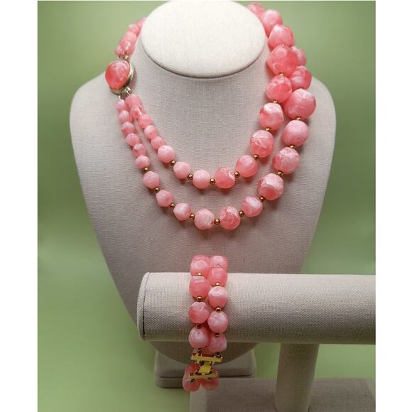 Vintage Pink Marbled Lucite Necklace Bracelet Set, 1950s, 16 Inch - Picture 1 of 12